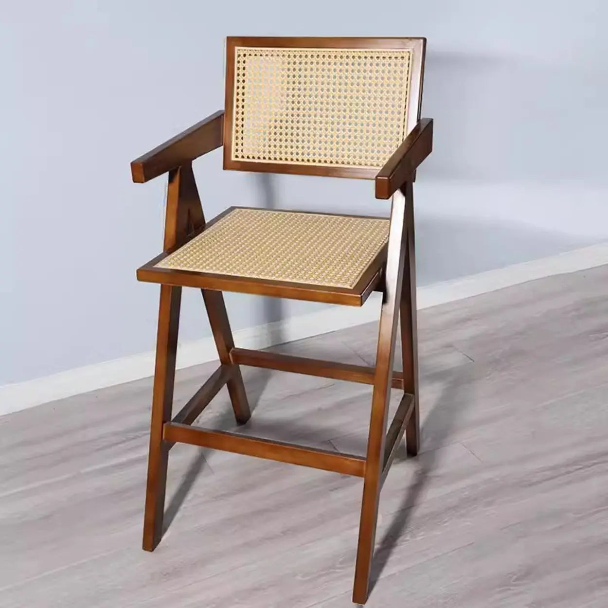 Natural Wicker Rattan Wood Square Bar Stool with Back — Black