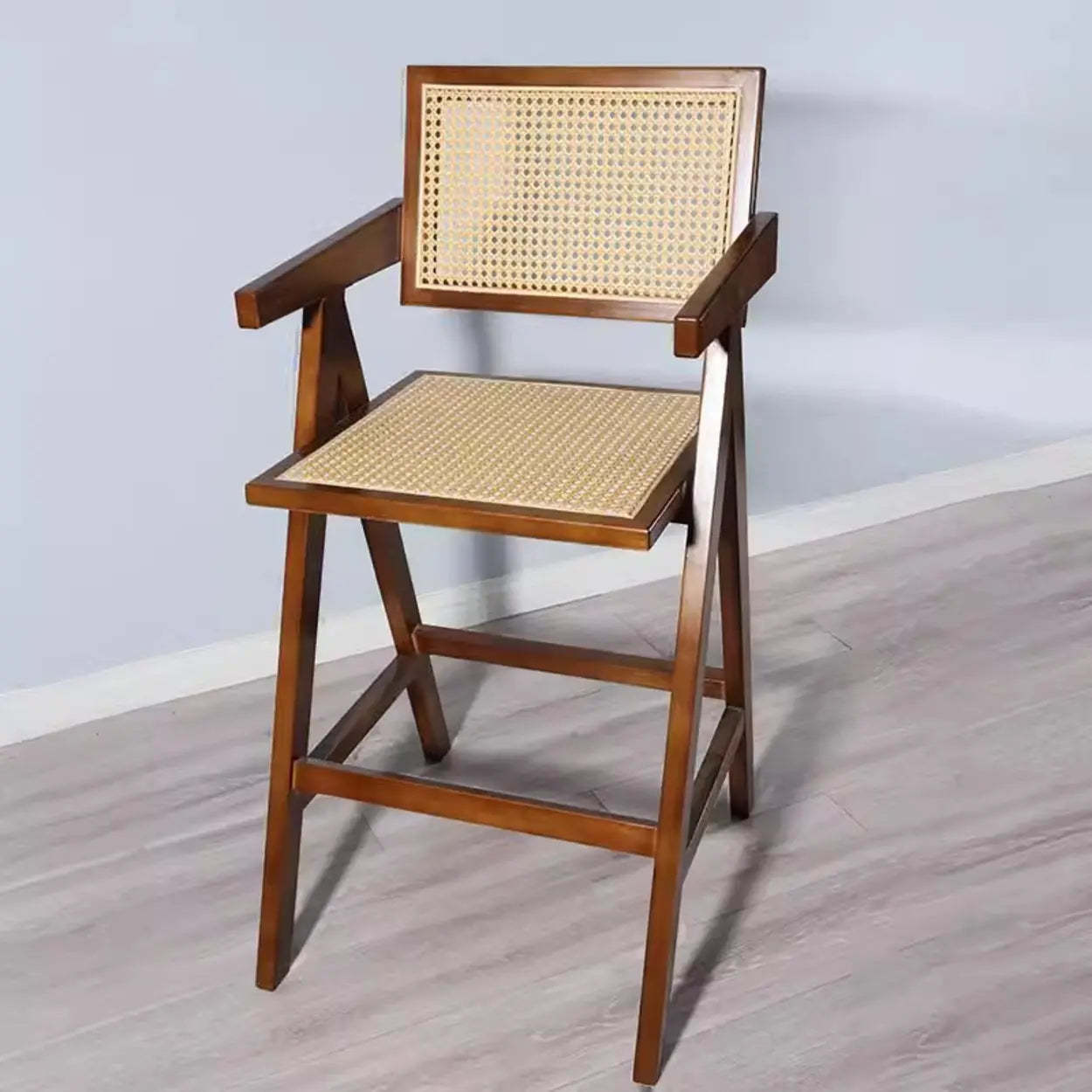 Natural Wicker Rattan Wood Square Bar Stool with Back — Black