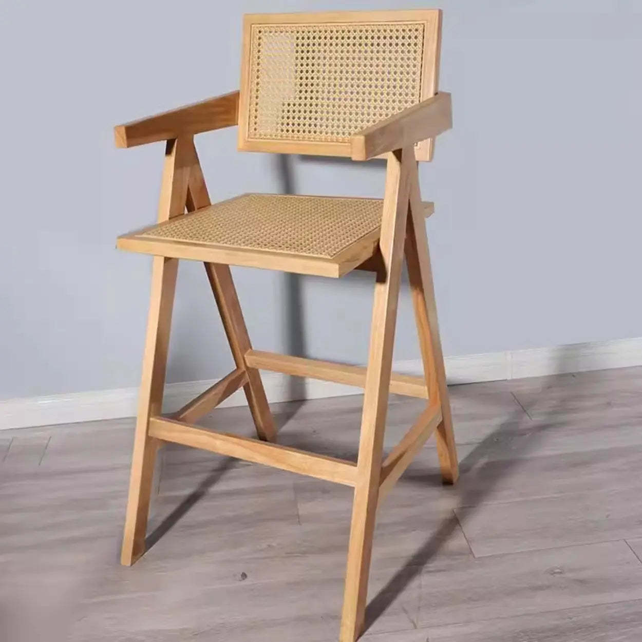 Natural Wicker Rattan Wood Square Bar Stool with Back — Black