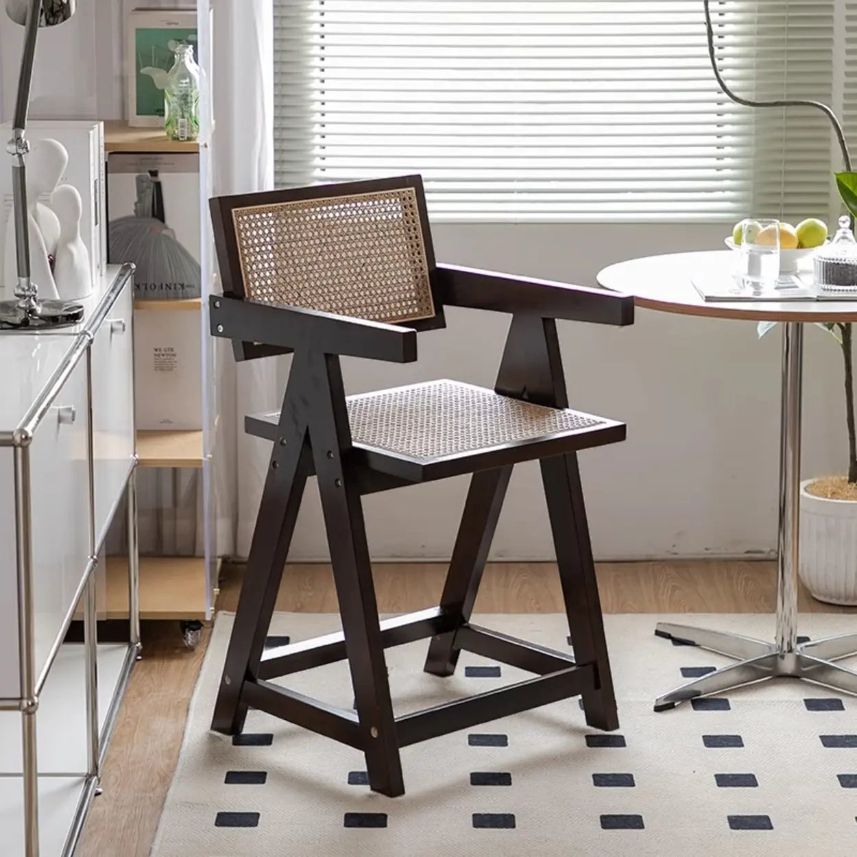 Natural Wicker Rattan Wood Square Bar Stool with Back — Nut-Brown