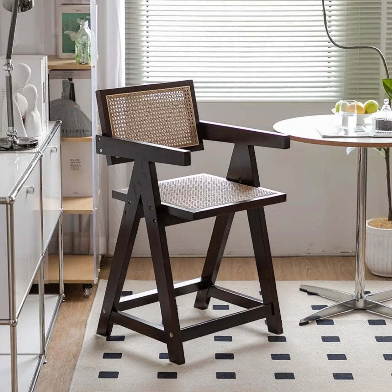 Natural Wicker Rattan Wood Square Bar Stool with Back — Nut-Brown