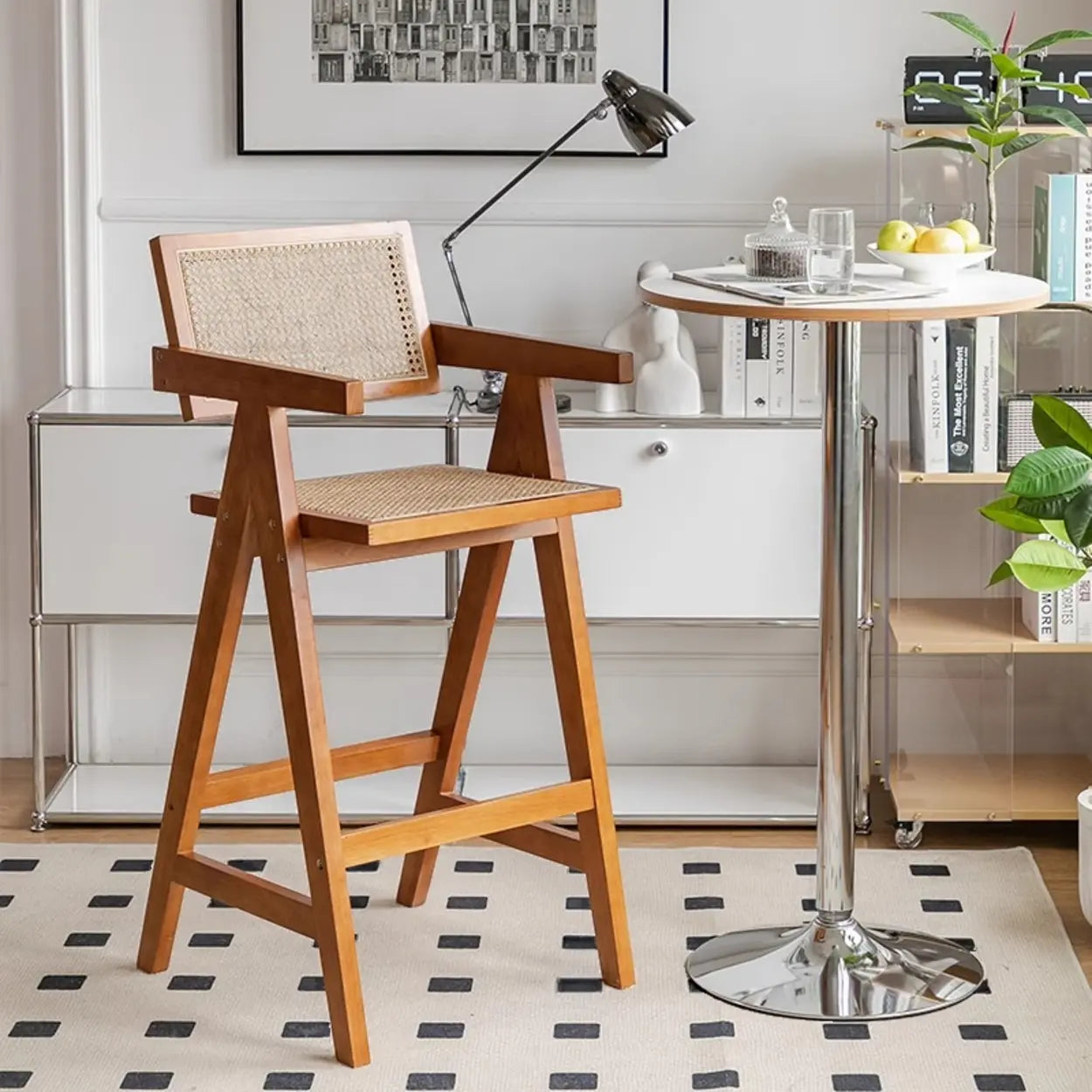 Natural Wicker Rattan Wood Square Bar Stool with Back — Black