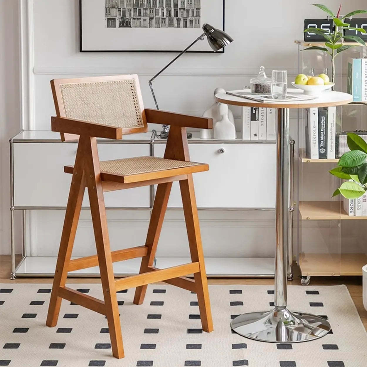 Natural Wicker Rattan Wood Square Bar Stool with Back — Black