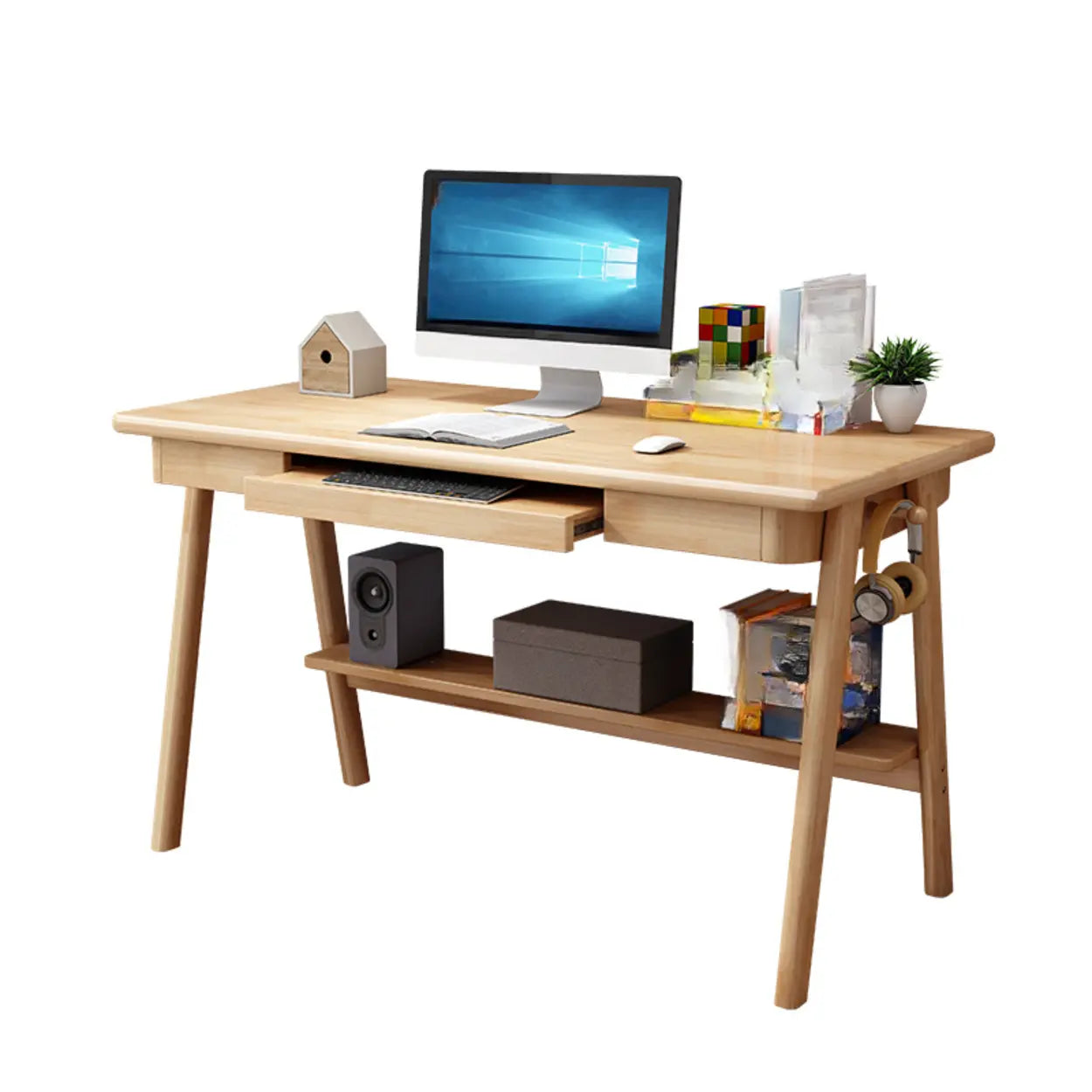 Natural Wood Desk with Drawers Shelves and Keyboard Holder — White / Table Only