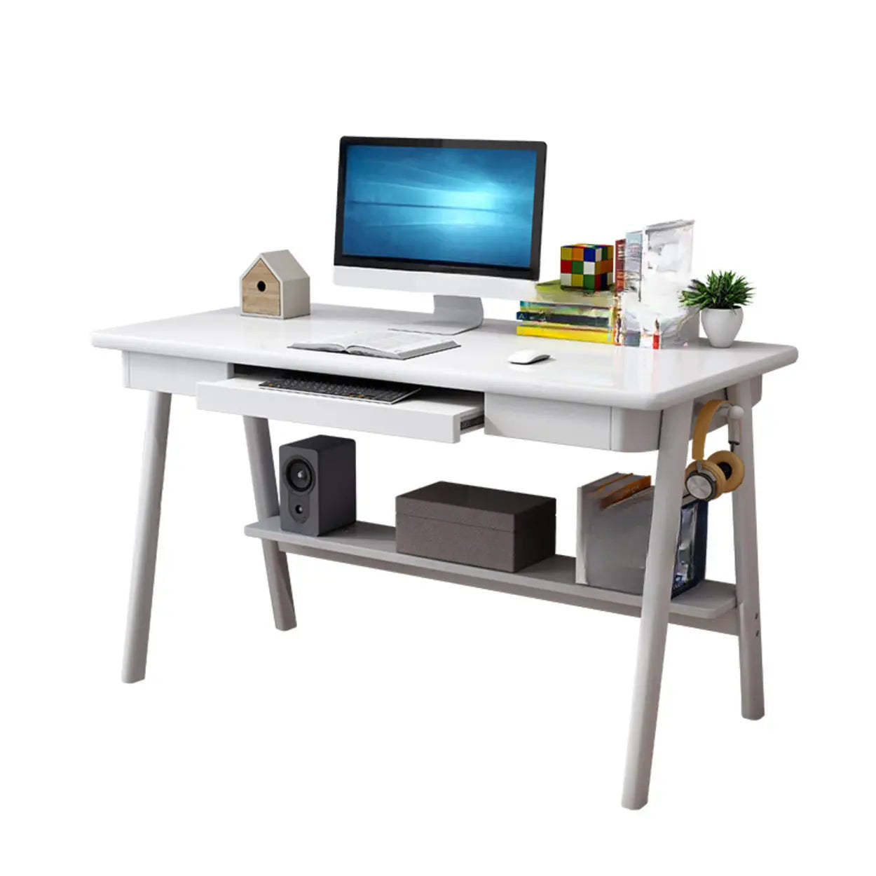 Natural Wood Desk with Drawers Shelves and Keyboard Holder — Natural / Table Only