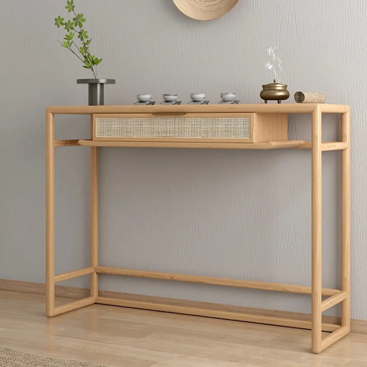 Natural Wood Rattan Insert Display Console Table