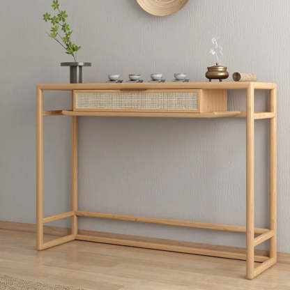 Natural Wood Rattan Insert Display Console Table — Natural Finish