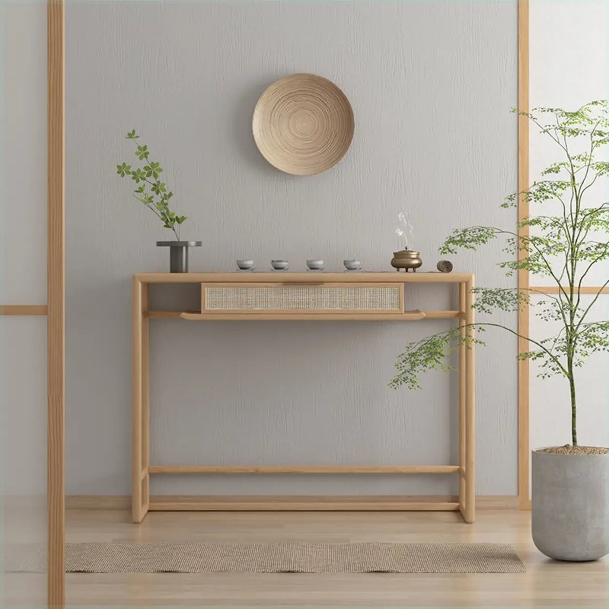 Natural Wood Rattan Insert Display Console Table — Natural Finish