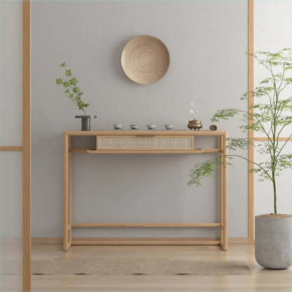 Natural Wood Rattan Insert Display Console Table — Natural Finish