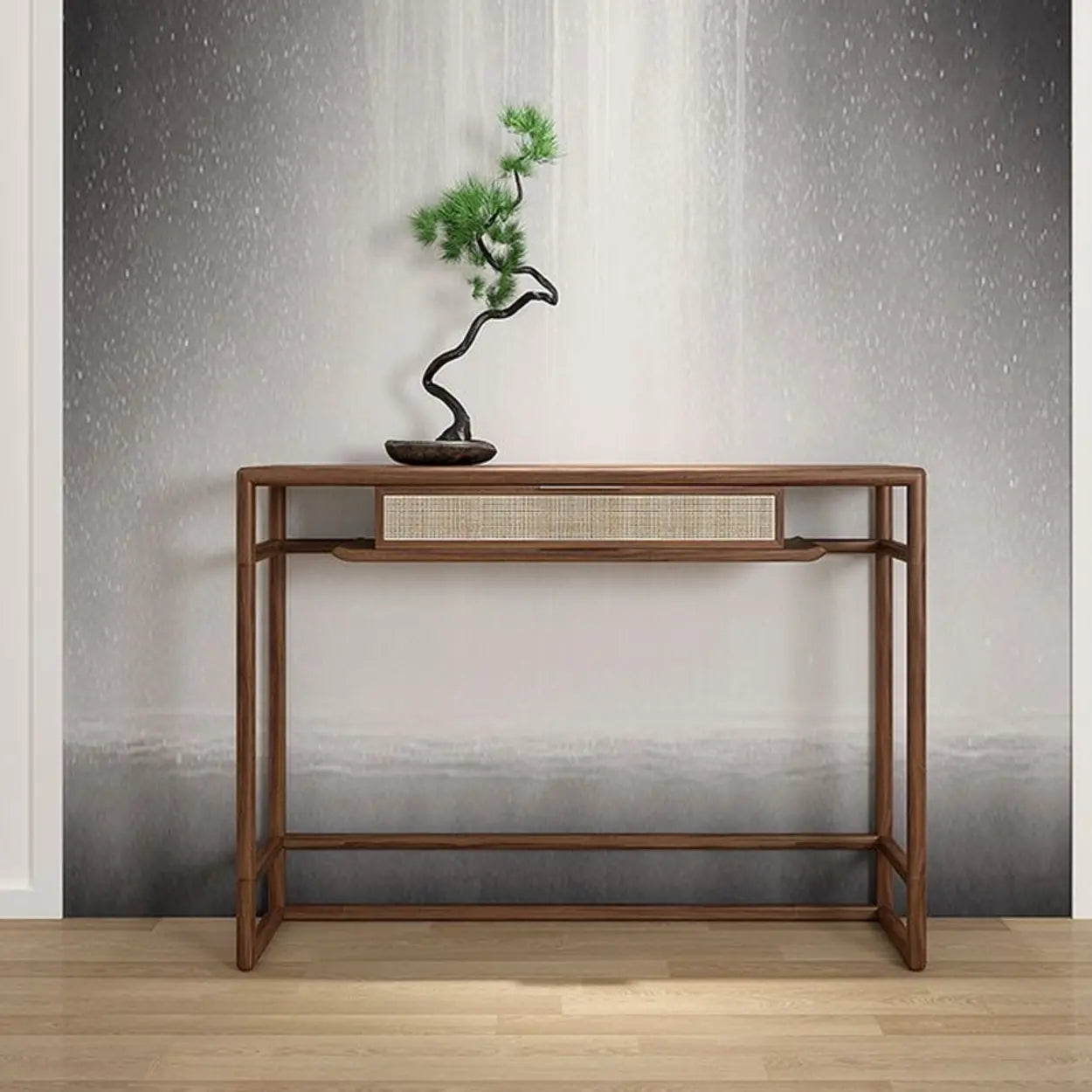 Natural Wood Rattan Insert Display Console Table — Natural Finish