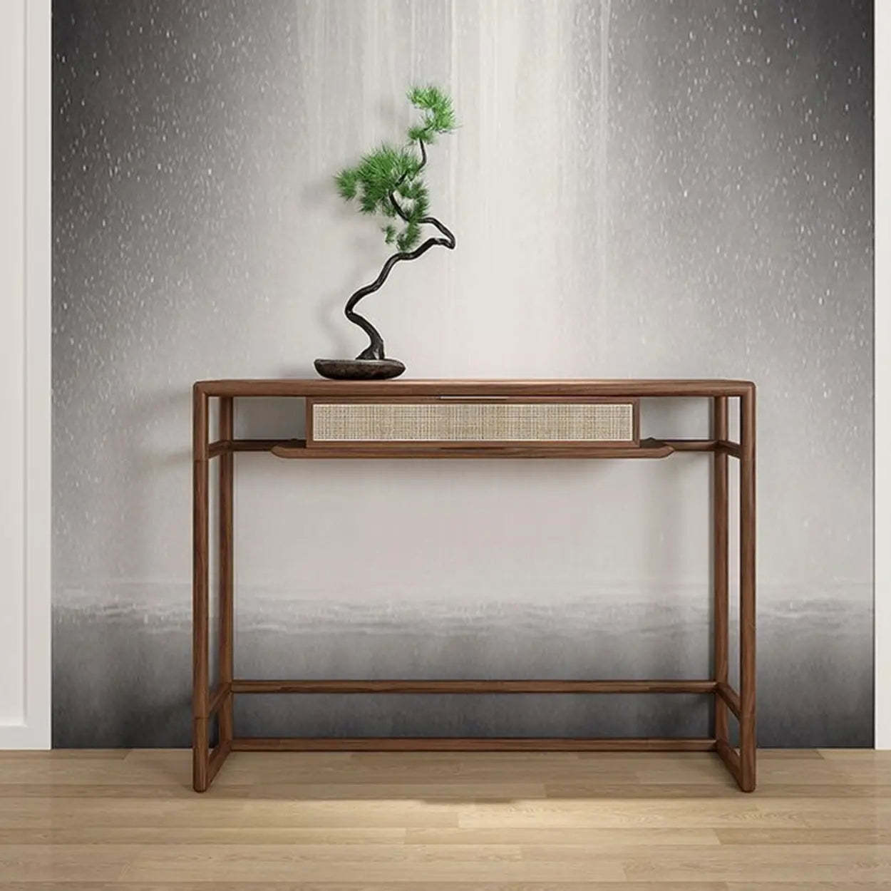 Natural Wood Rattan Insert Display Console Table — Natural Finish