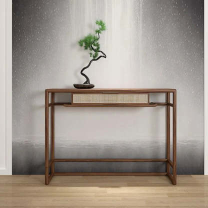 Natural Wood Rattan Insert Display Console Table — Natural Finish