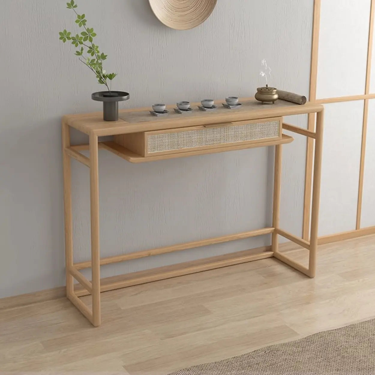 Natural Wood Rattan Insert Display Console Table — Walnut
