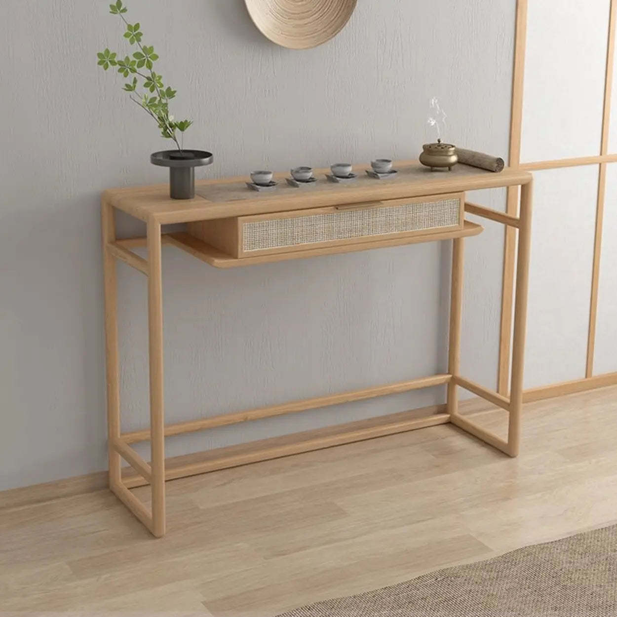 Natural Wood Rattan Insert Display Console Table — Walnut