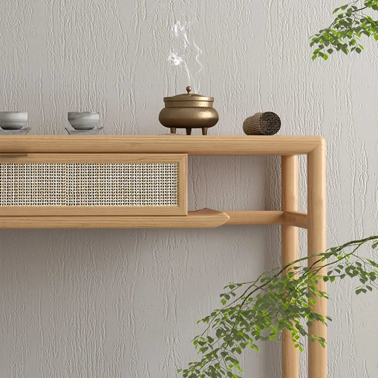 Natural Wood Rattan Insert Display Console Table — Walnut