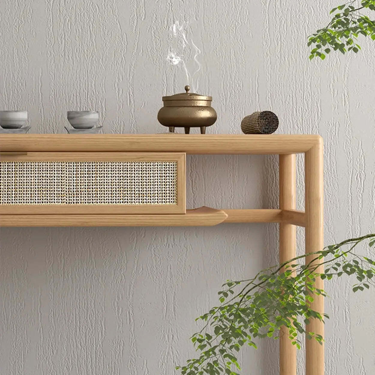 Natural Wood Rattan Insert Display Console Table — Walnut