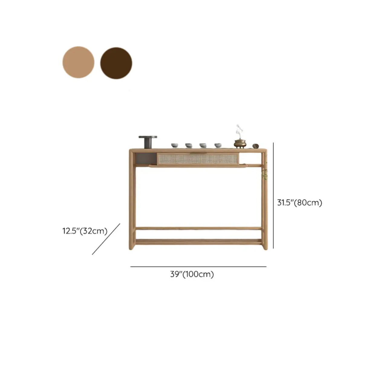 Natural Wood Rattan Insert Display Console Table — Walnut