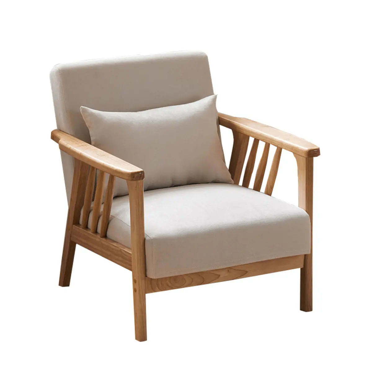 Natural Wood Frame Fixed Back Arm Chair — Natural / Mint Green / Cotton and Linen