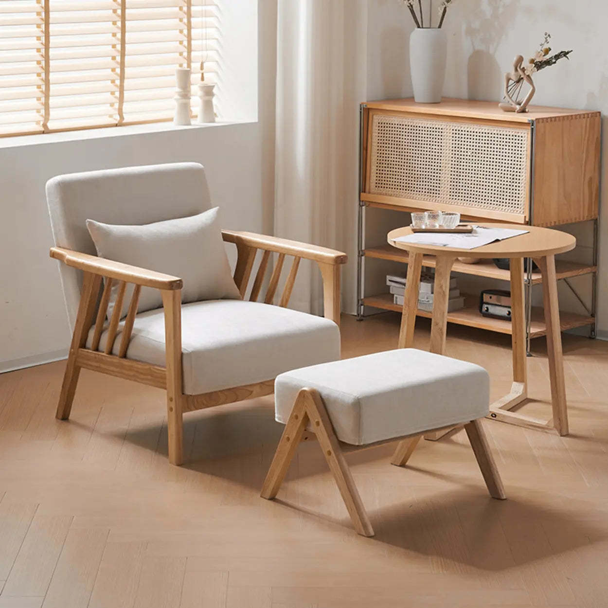 Natural Wood Frame Fixed Back Arm Chair — Natural / Coffee / Cotton and Linen