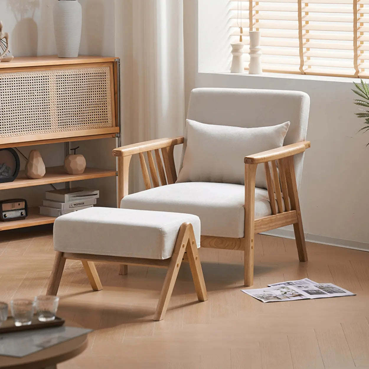 Natural Wood Frame Fixed Back Arm Chair — Natural / Dark Gray / Cotton and Linen