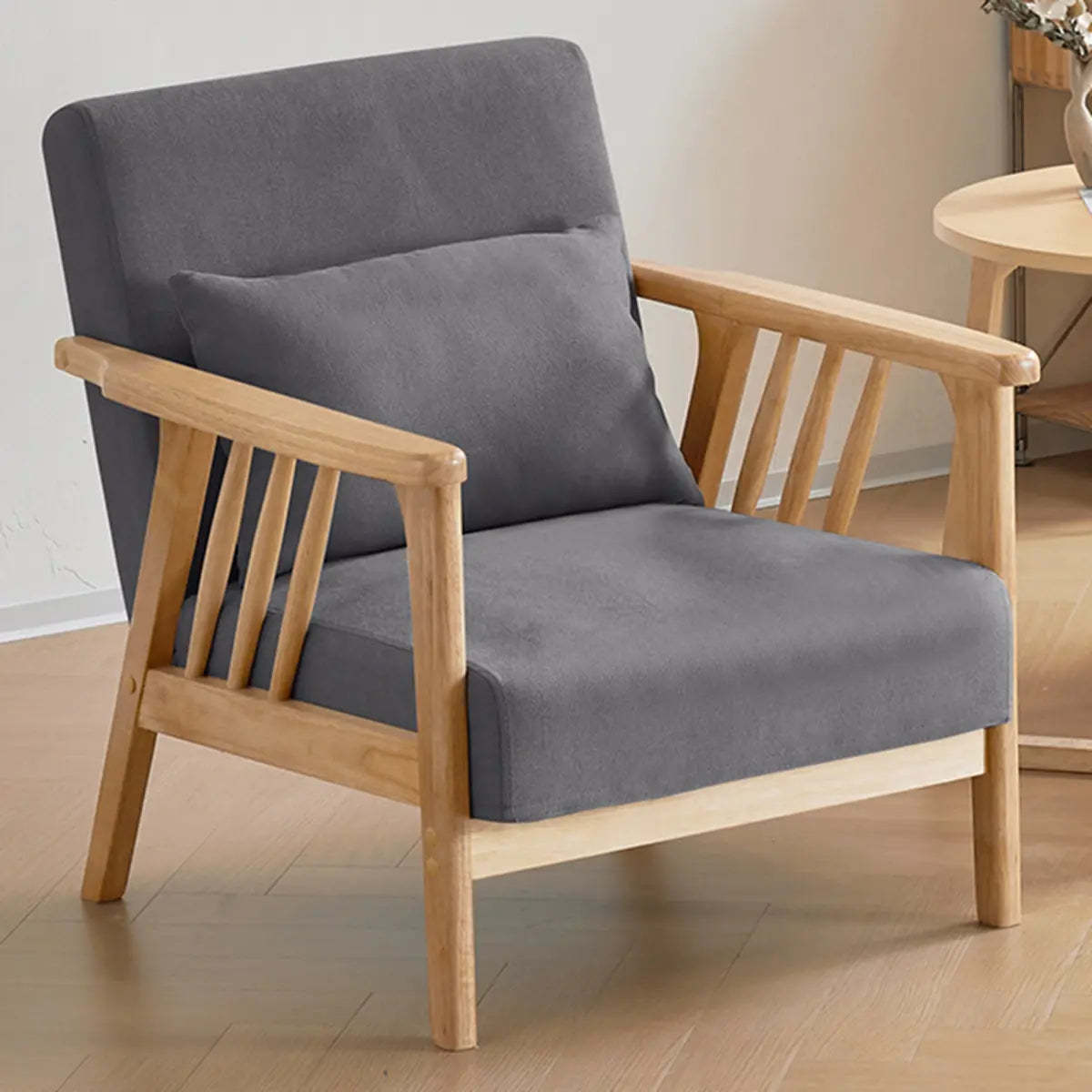 Natural Wood Frame Fixed Back Arm Chair — Natural / Yellow / Cotton and Linen