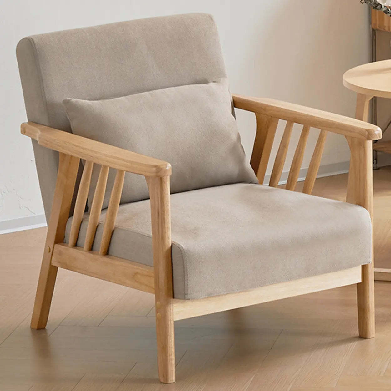 Natural Wood Frame Fixed Back Arm Chair — Natural / Khaki / Cotton and Linen