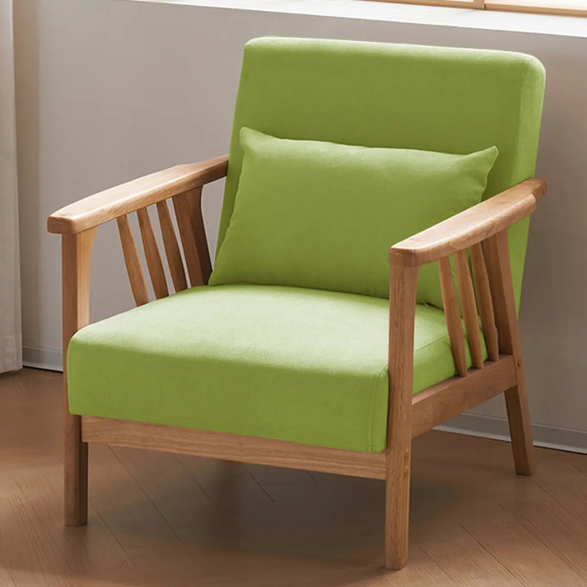 Natural Wood Frame Fixed Back Arm Chair — Walnut / Light Gray / Cotton and Linen