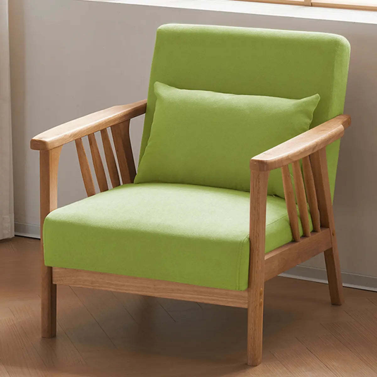 Natural Wood Frame Fixed Back Arm Chair — Walnut / Light Gray / Cotton and Linen