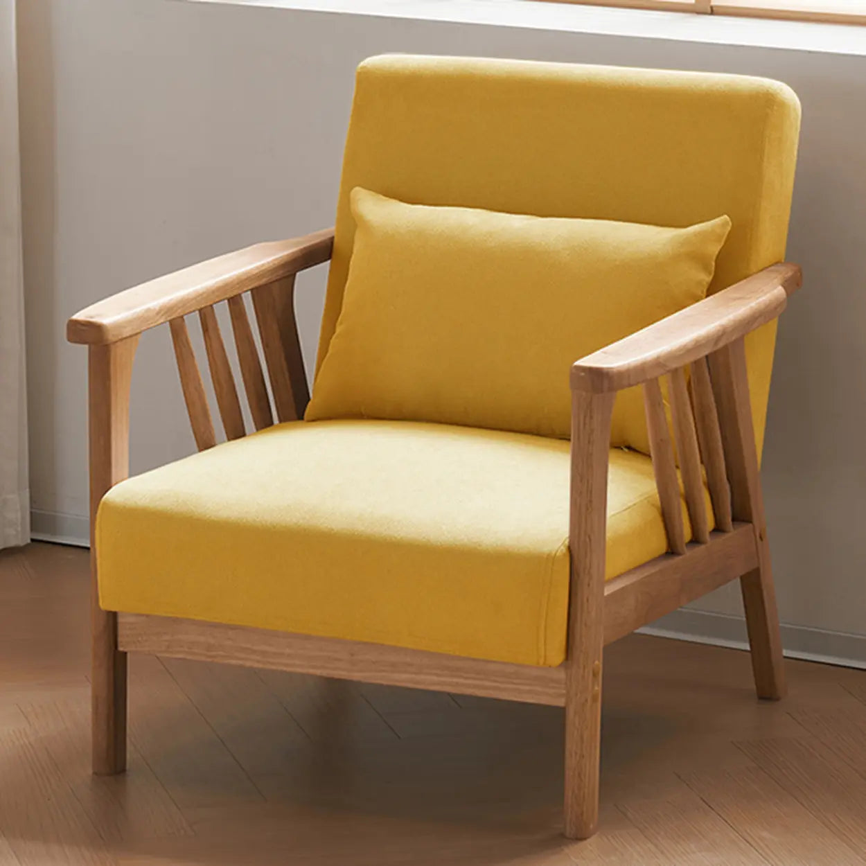 Natural Wood Frame Fixed Back Arm Chair — Natural / Light Gray / Cotton and Linen