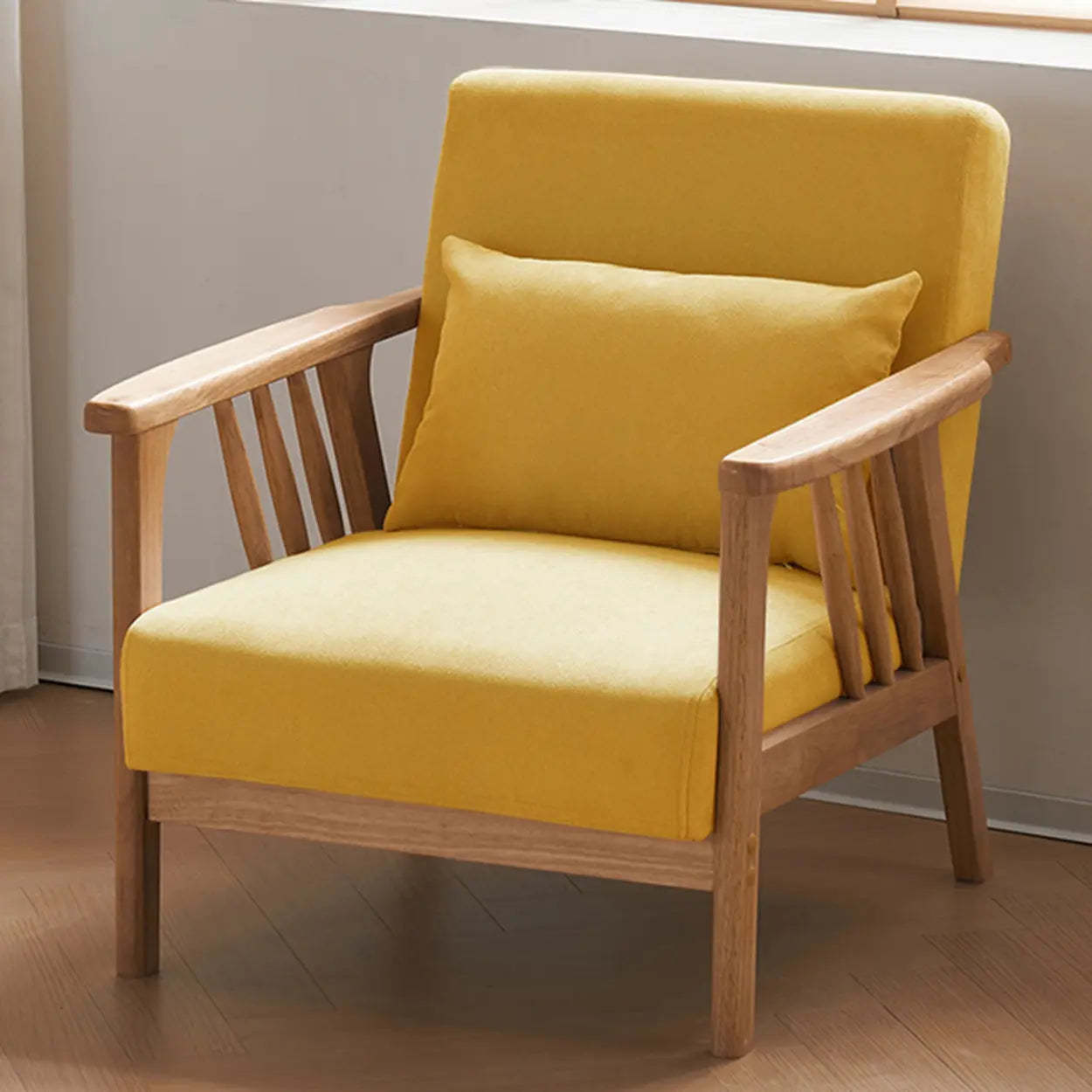 Natural Wood Frame Fixed Back Arm Chair — Natural / Light Gray / Cotton and Linen