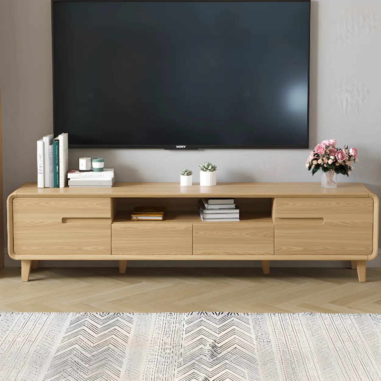 Natural Wood Open-Storage Drawer Rectangular TV Stand