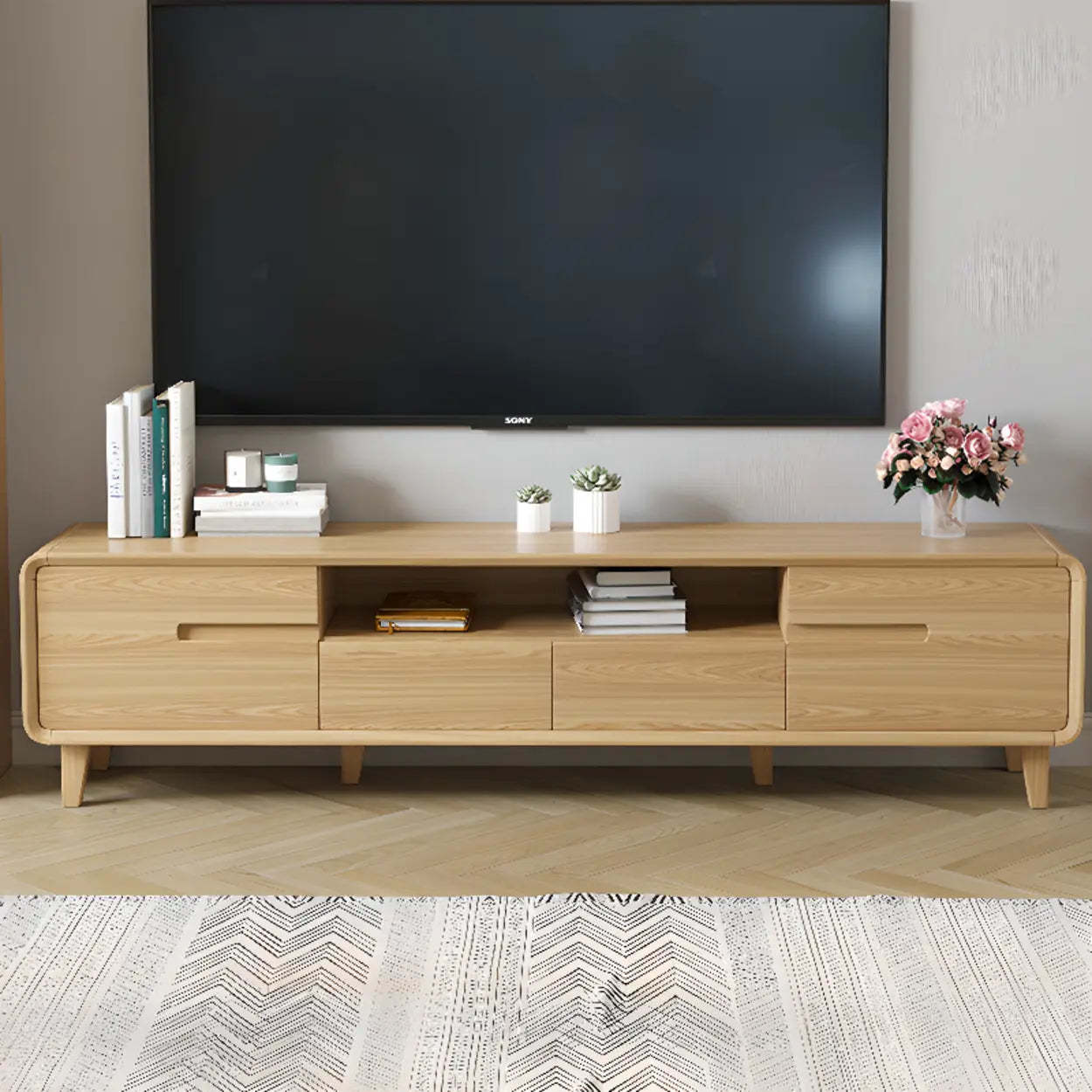 Natural Wood Open-Storage Drawer Rectangular TV Stand