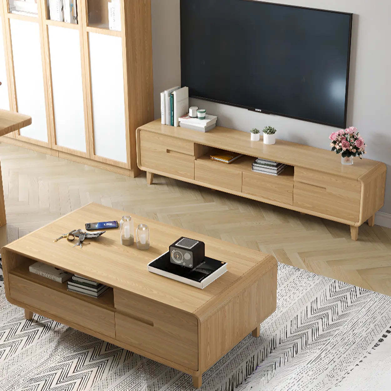 Natural Wood Open-Storage Drawer Rectangular TV Stand — Natural/ White