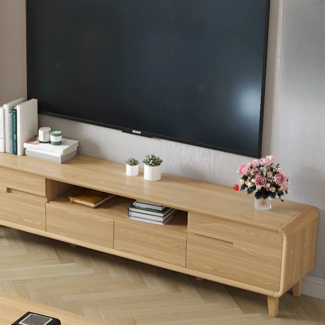 Natural Wood Open-Storage Drawer Rectangular TV Stand — Natural