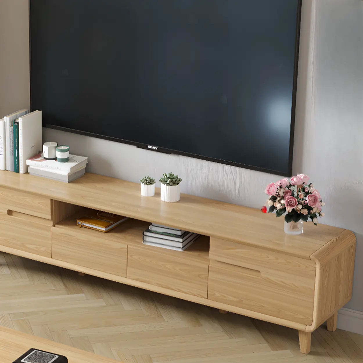 Natural Wood Open-Storage Drawer Rectangular TV Stand — Natural