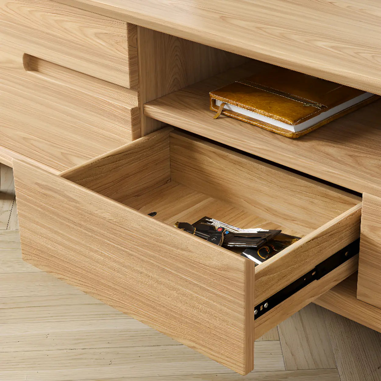 Natural Wood Open-Storage Drawer Rectangular TV Stand — Natural/ White