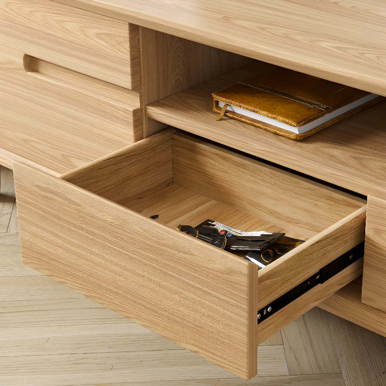 Natural Wood Open-Storage Drawer Rectangular TV Stand — Natural/ White