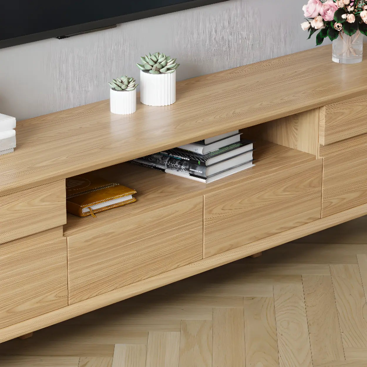 Natural Wood Open-Storage Drawer Rectangular TV Stand