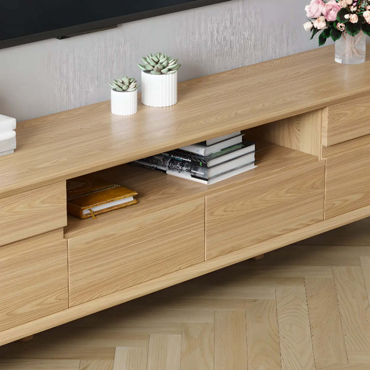 Natural Wood Open-Storage Drawer Rectangular TV Stand