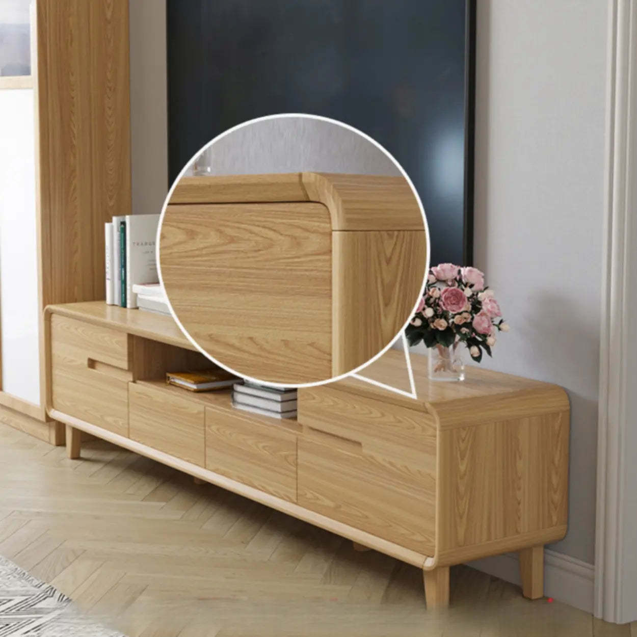 Natural Wood Open-Storage Drawer Rectangular TV Stand