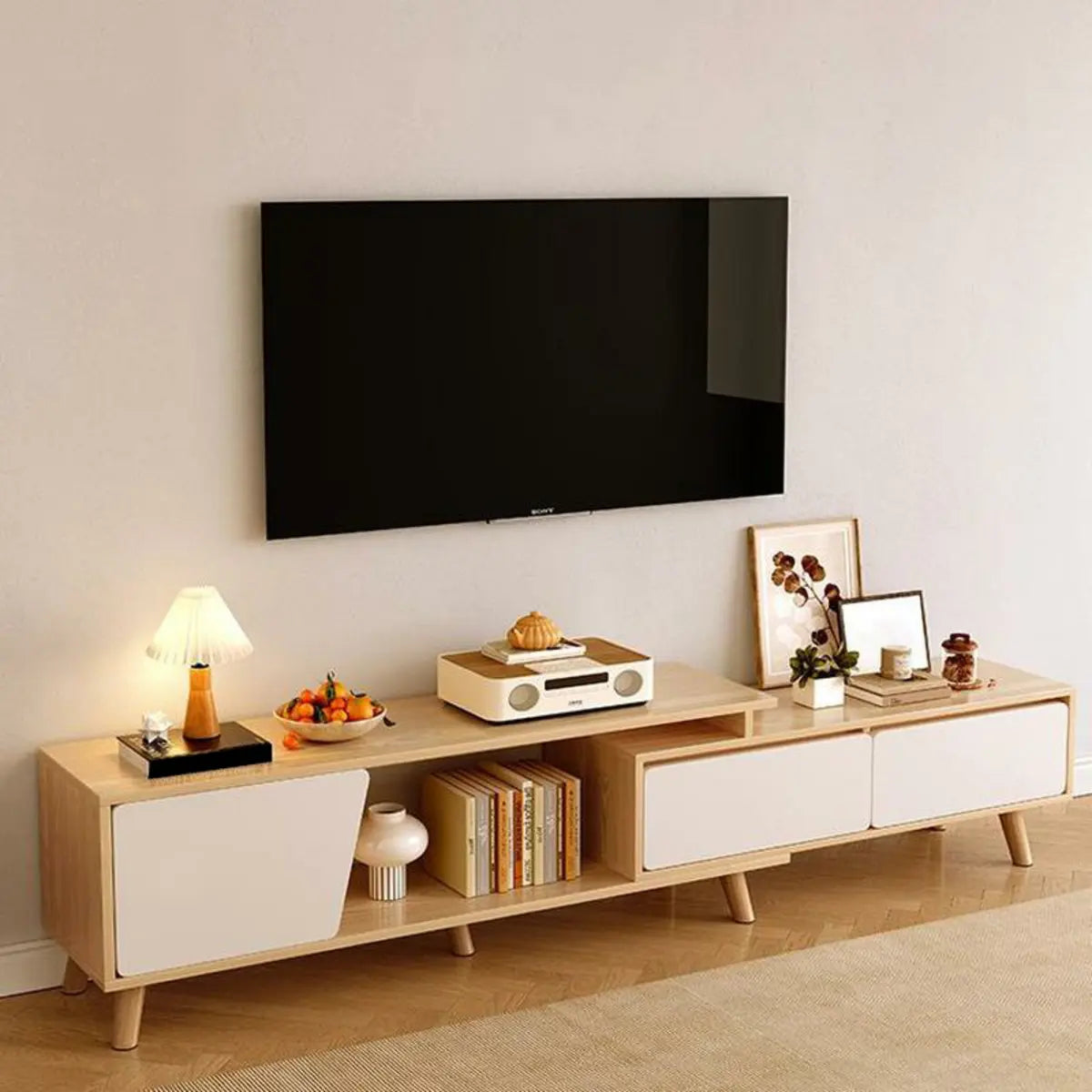 Natural Wood TV Stand with Drawers and Legs