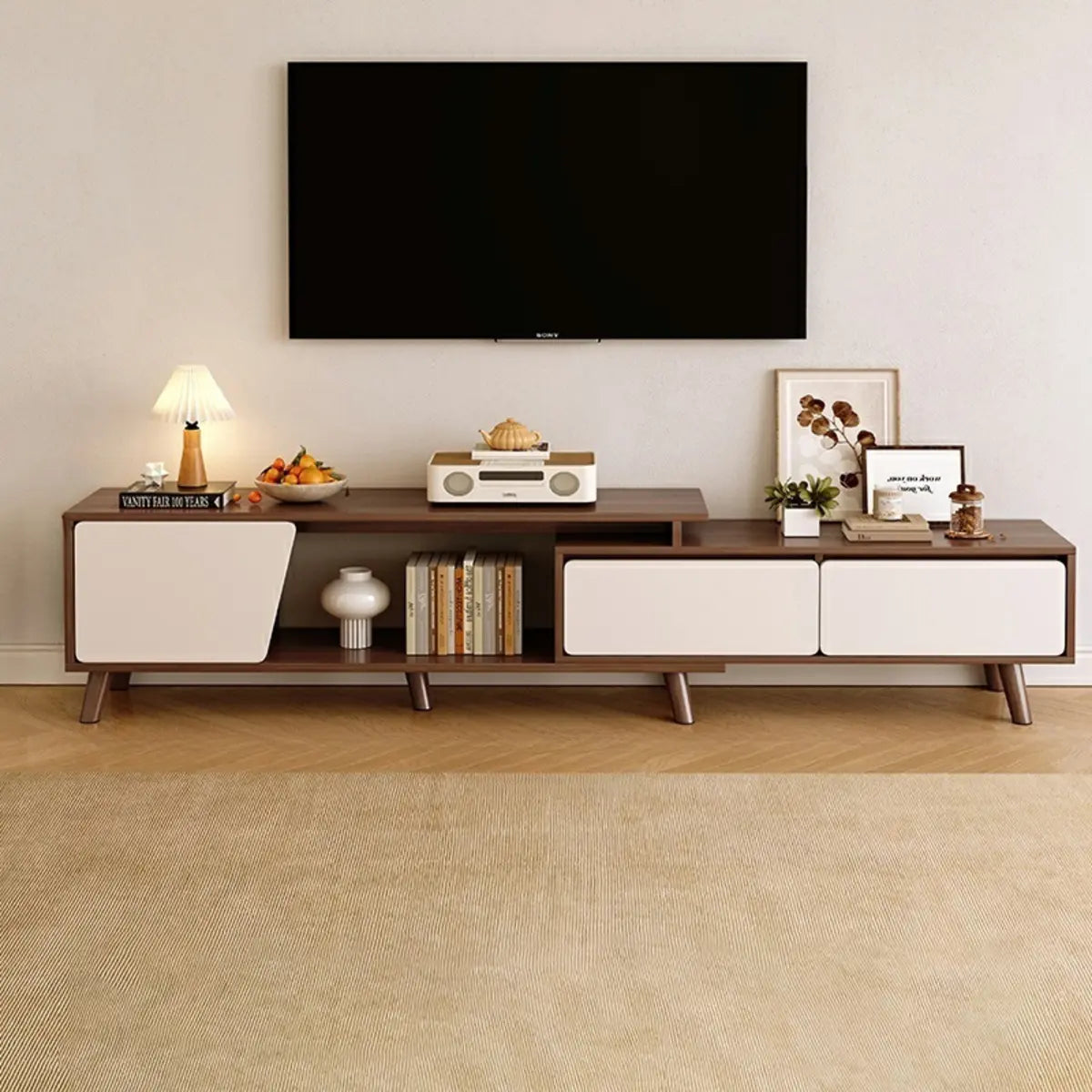 Natural Wood TV Stand with Drawers and Legs — Natural/ White