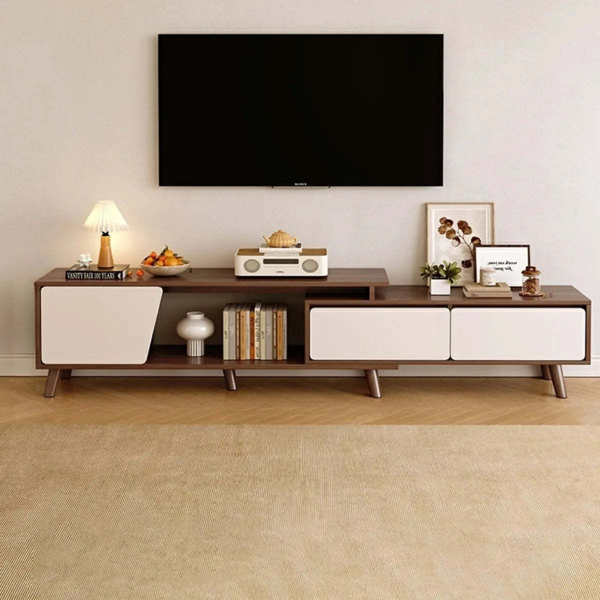 Natural Wood TV Stand with Drawers and Legs — Natural/ White