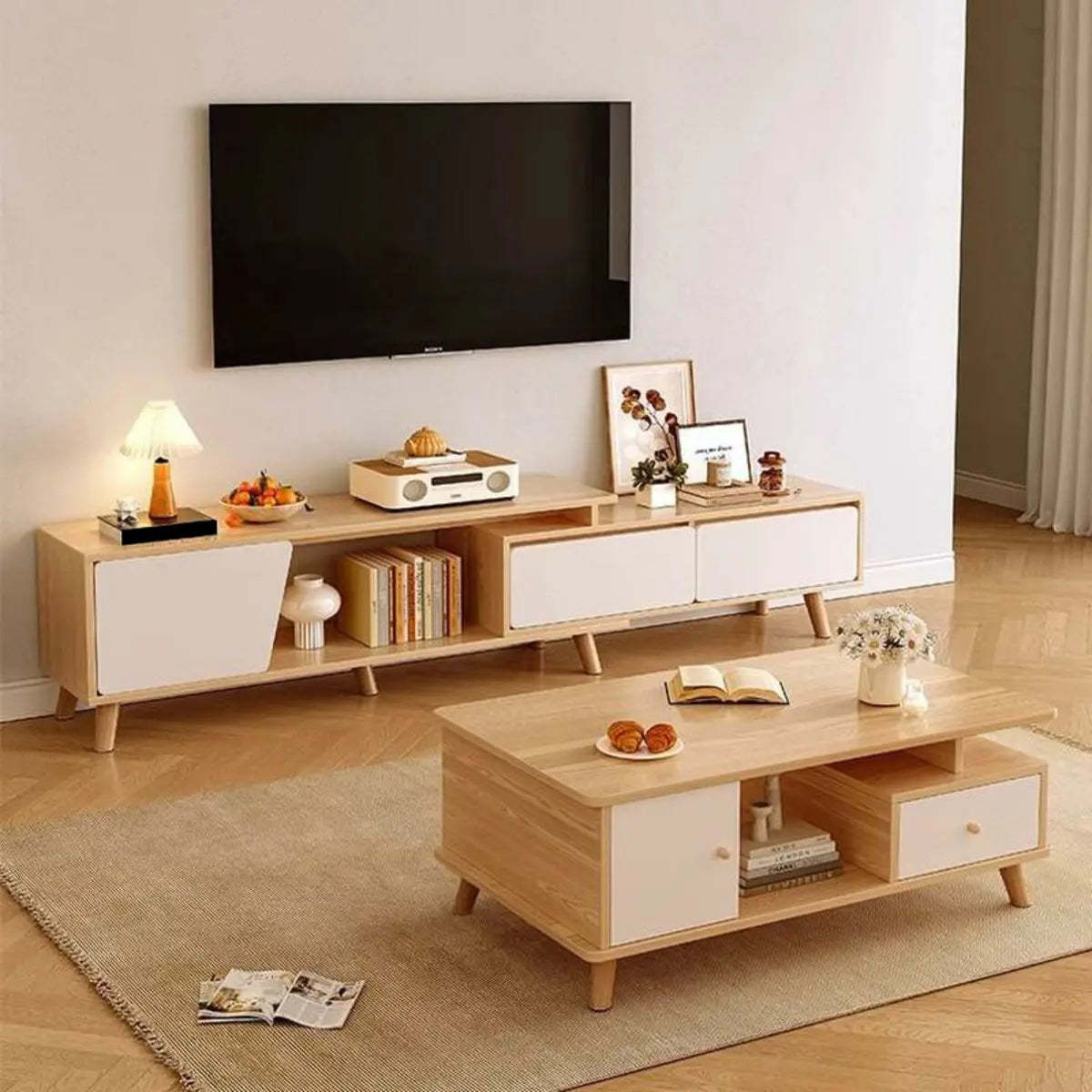 Natural Wood TV Stand with Drawers and Legs — Walnut/ White
