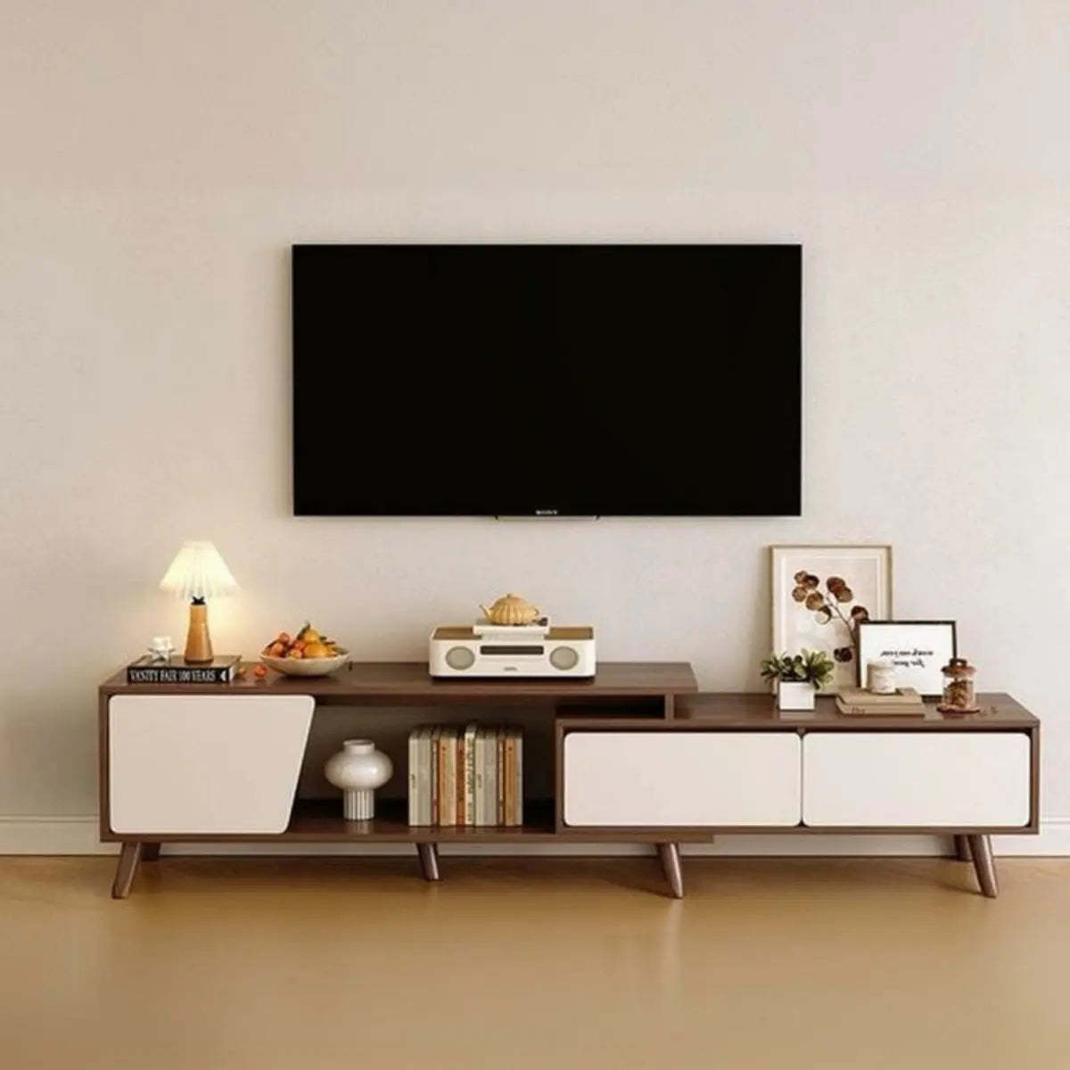 Natural Wood TV Stand with Drawers and Legs