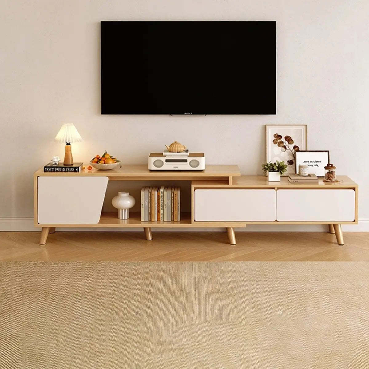 Natural Wood TV Stand with Drawers and Legs
