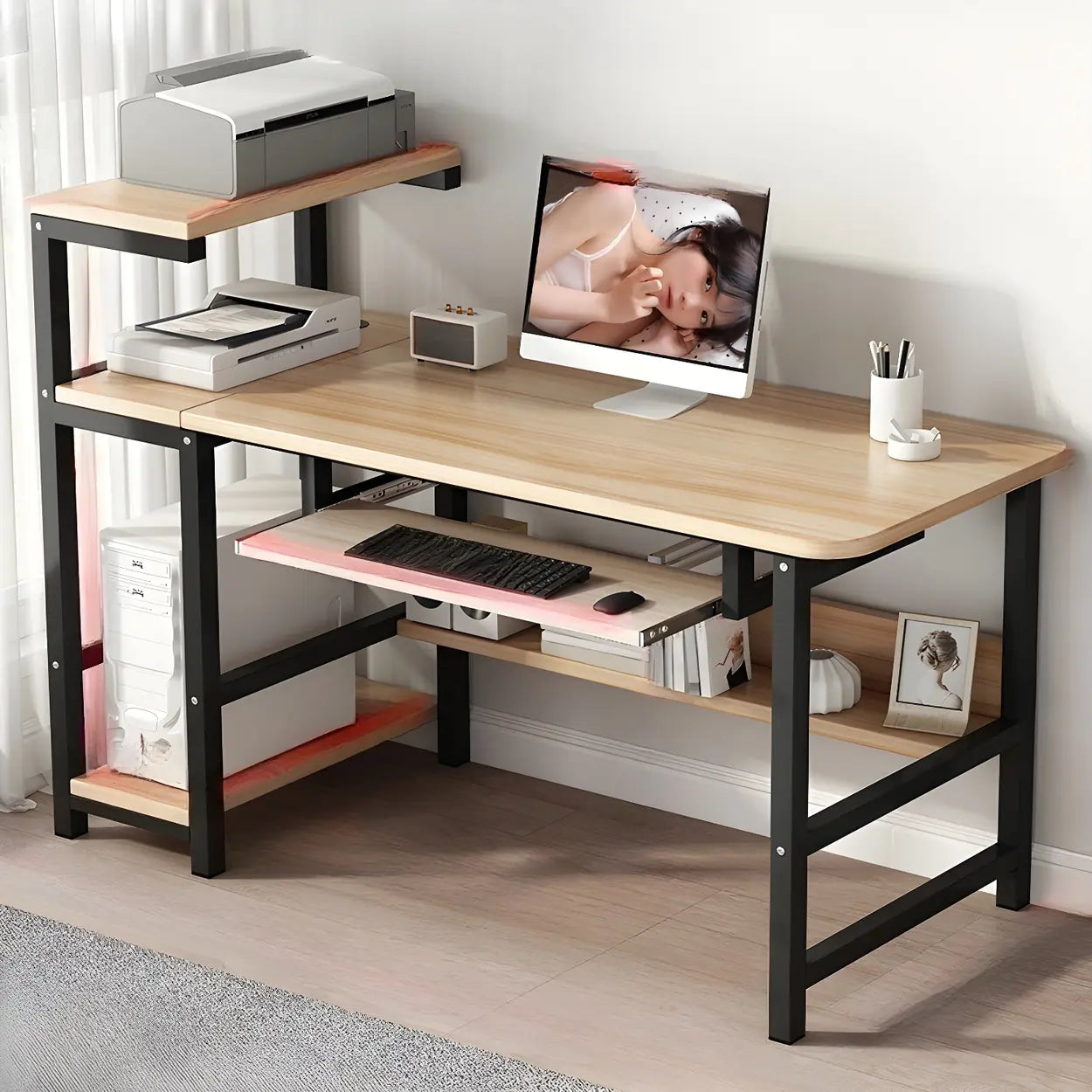 Natural Wood H-Shape Shelving Computer Desk — Without Chairs / Natural
