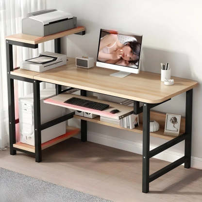 Natural Wood H-Shape Shelving Computer Desk — Without Chairs / Natural