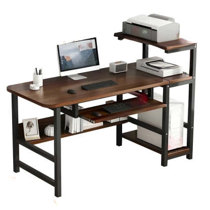 Natural Wood H-Shape Shelving Computer Desk — Without Chairs / Oak