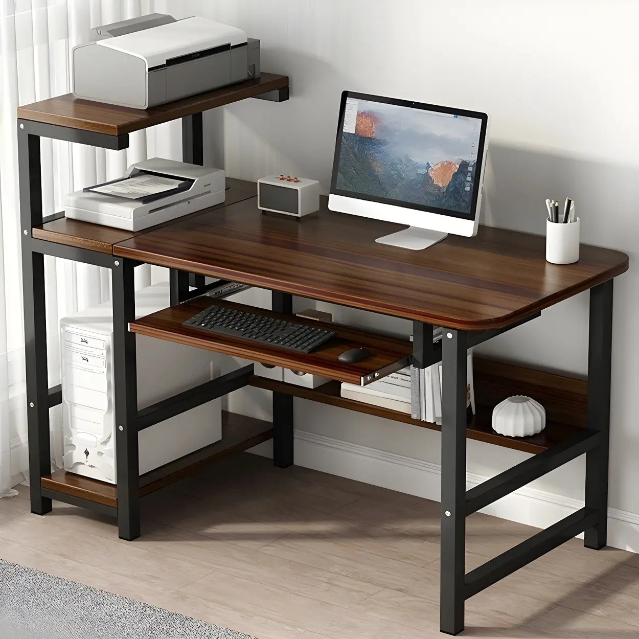 Natural Wood H-Shape Shelving Computer Desk
